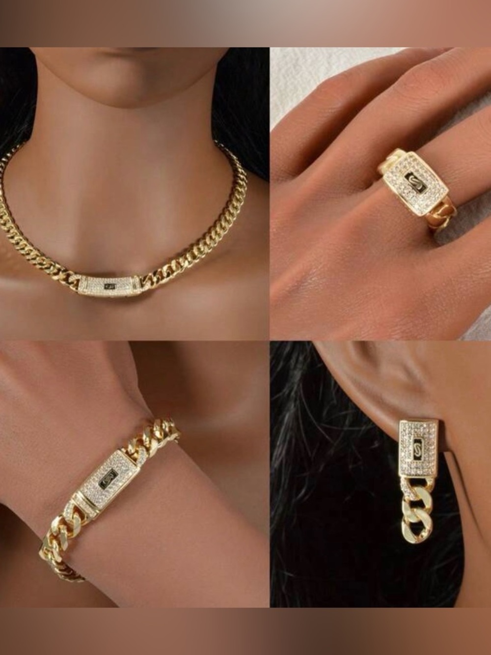 Gold-stainless steel Tone Cuban Link Necklace, Bracelet and Earring Set - Picture 3 of 5